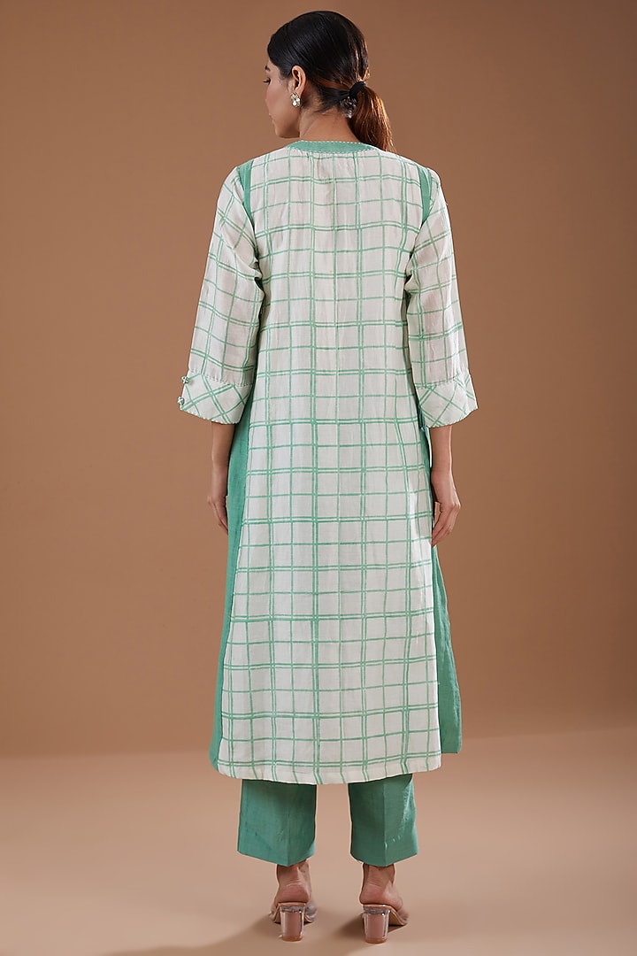 Green & White Chanderi Hand-Block Printed Kurta Set by Label Pankhuri by Priyanka at Pernia's Pop Up Shop
