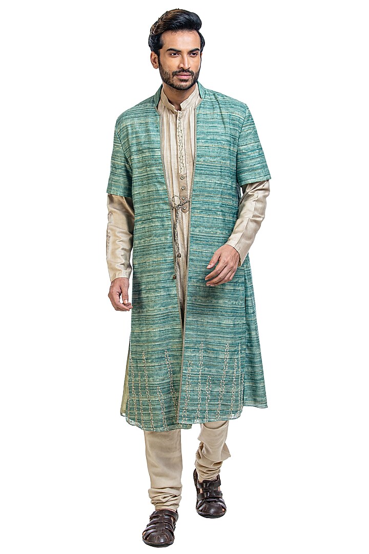 Beige Kurta Set With Hand Embroidered Jacket by Poonam Kasera at Pernia's Pop Up Shop