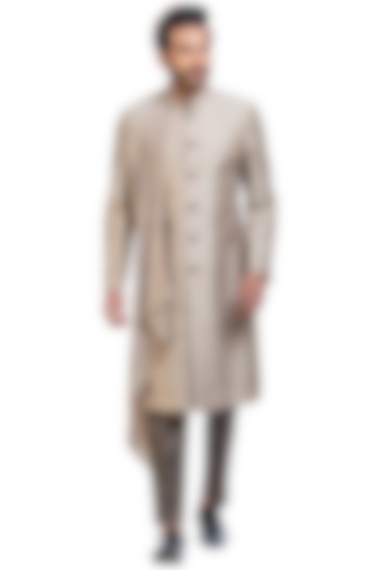 Taupe Sherwani Set With Attached Drape by Poonam Kasera
