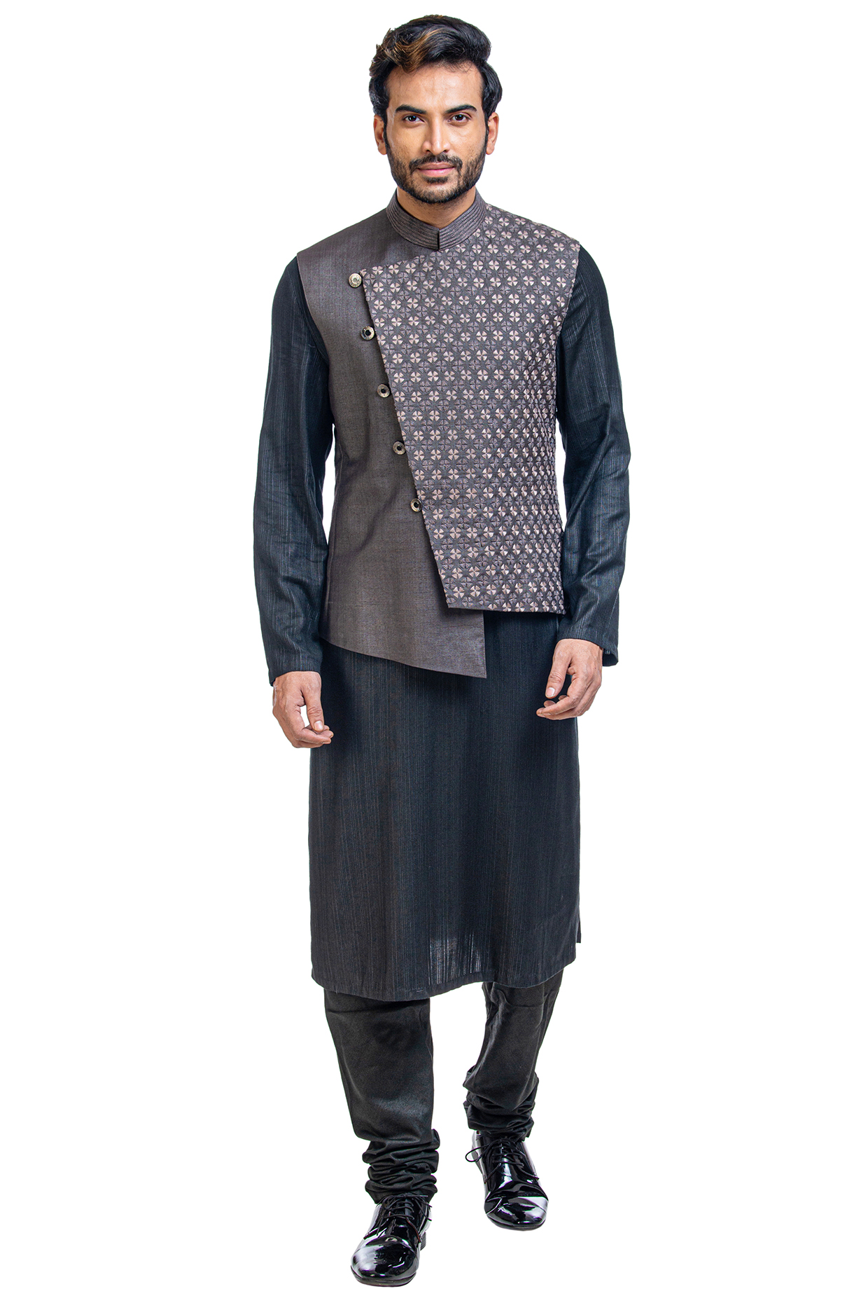 Black Kurta Set With Asymmetrical Nehru Jacket by Poonam Kasera at Pernia's Pop Up Shop