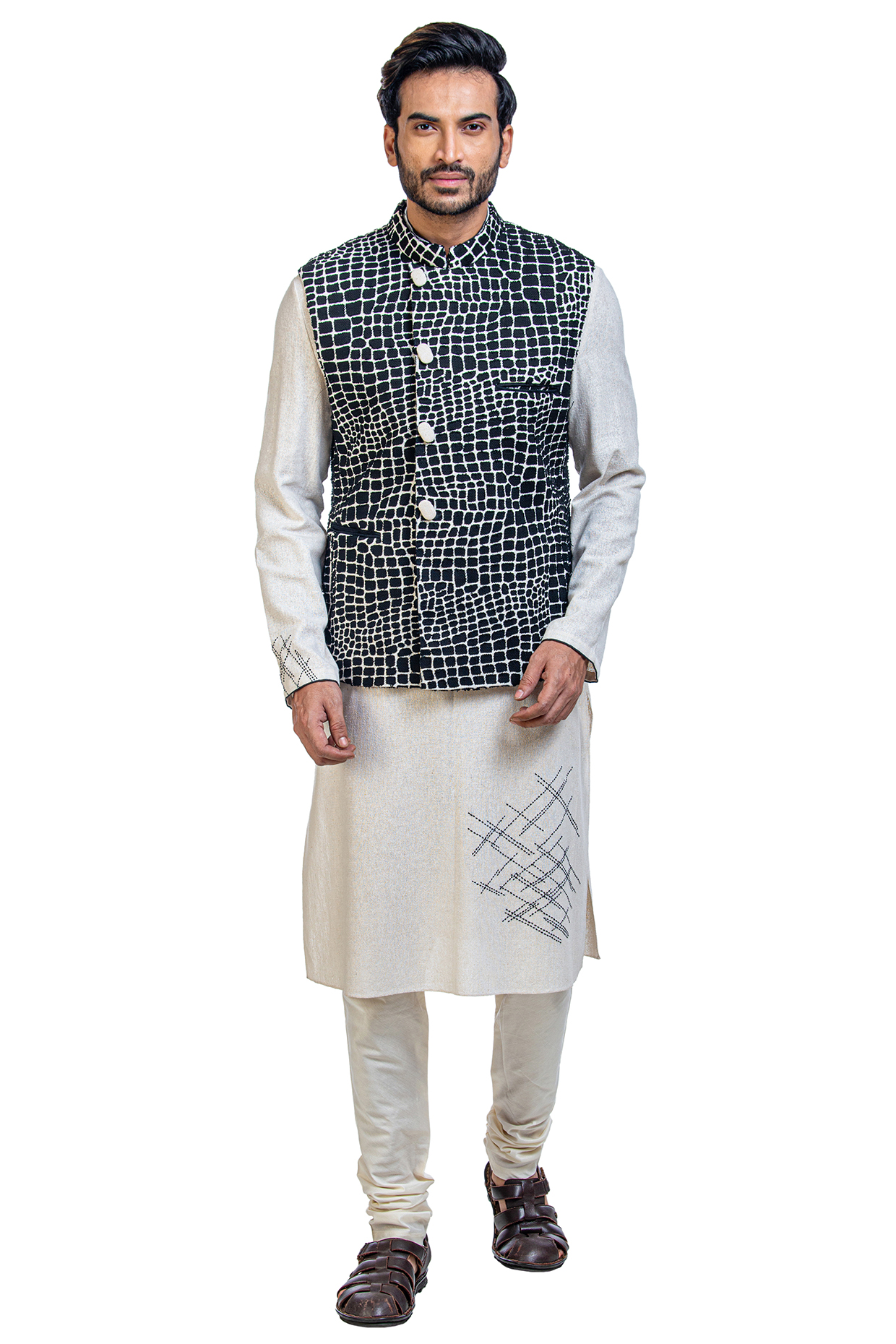 Off White Kurta Set With Nehru Jacket by Poonam Kasera at Pernia's Pop Up Shop