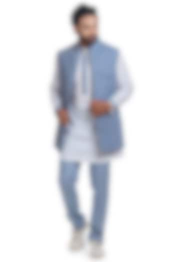 Blue Embroidered Wedding Bandhgala With Shirt Kurta by Poonam Kasera at Pernia's Pop Up Shop