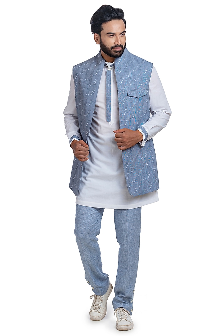 Blue Embroidered Wedding Bandhgala With Shirt Kurta by Poonam Kasera at Pernia's Pop Up Shop