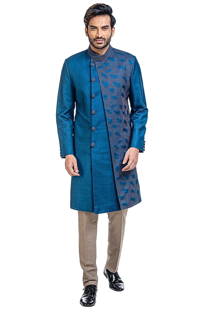 Blue Hand Embroidered Bandhgala Jacket Set by Poonam Kasera