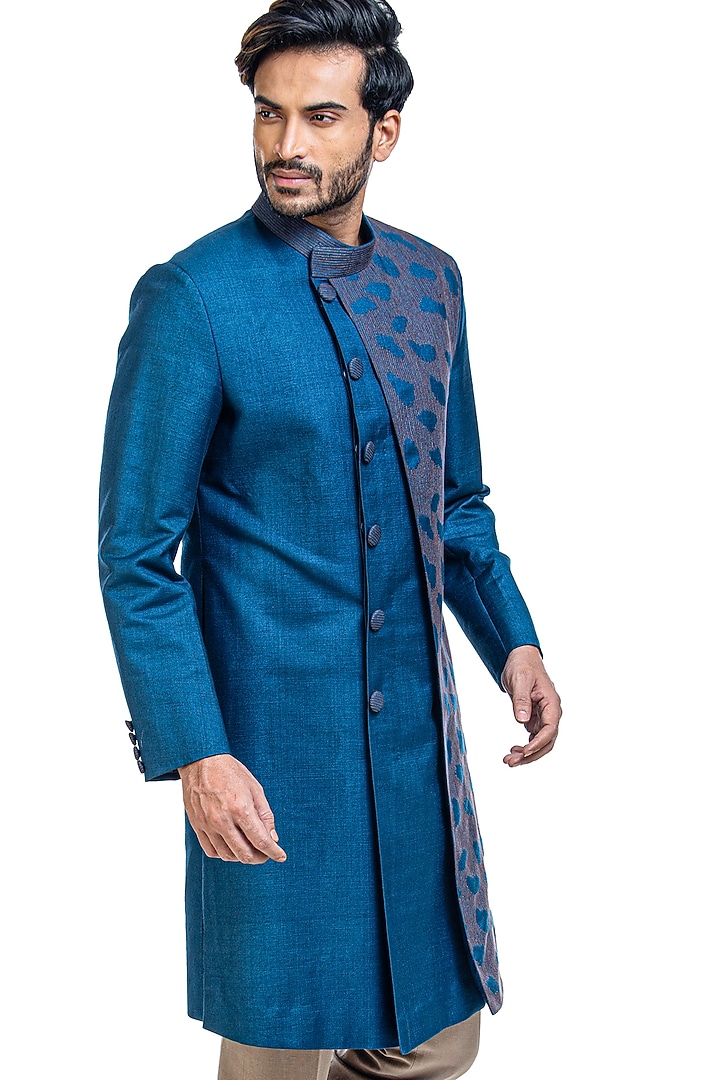 Blue Hand Embroidered Bandhgala Jacket Set by Poonam Kasera at Pernia's Pop Up Shop