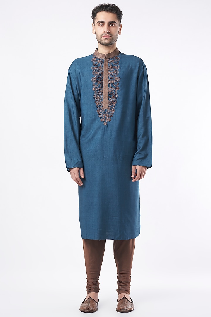 Cobalt Blue Hand Embroidered Kurta Set by Poonam Kasera at Pernia's Pop Up Shop