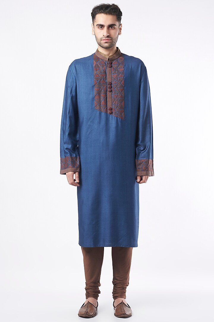 Royal Blue Hand Embroidered Kurta Set by Poonam Kasera at Pernia's Pop Up Shop