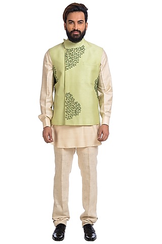 Green Nehru Jacket With Kurta by Poonam Kasera