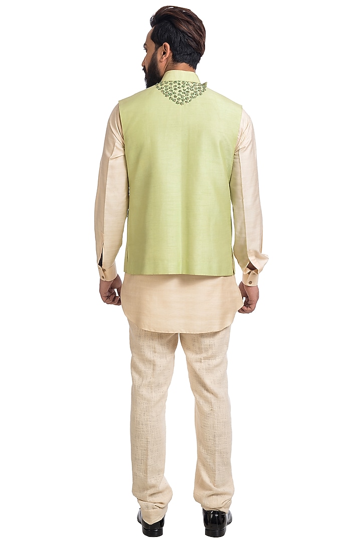 Green Nehru Jacket With Kurta by Poonam Kasera at Pernia's Pop Up Shop