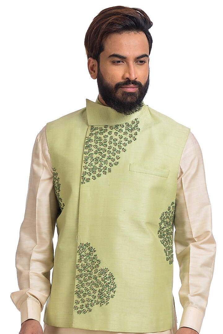 Green Nehru Jacket With Kurta by Poonam Kasera at Pernia's Pop Up Shop