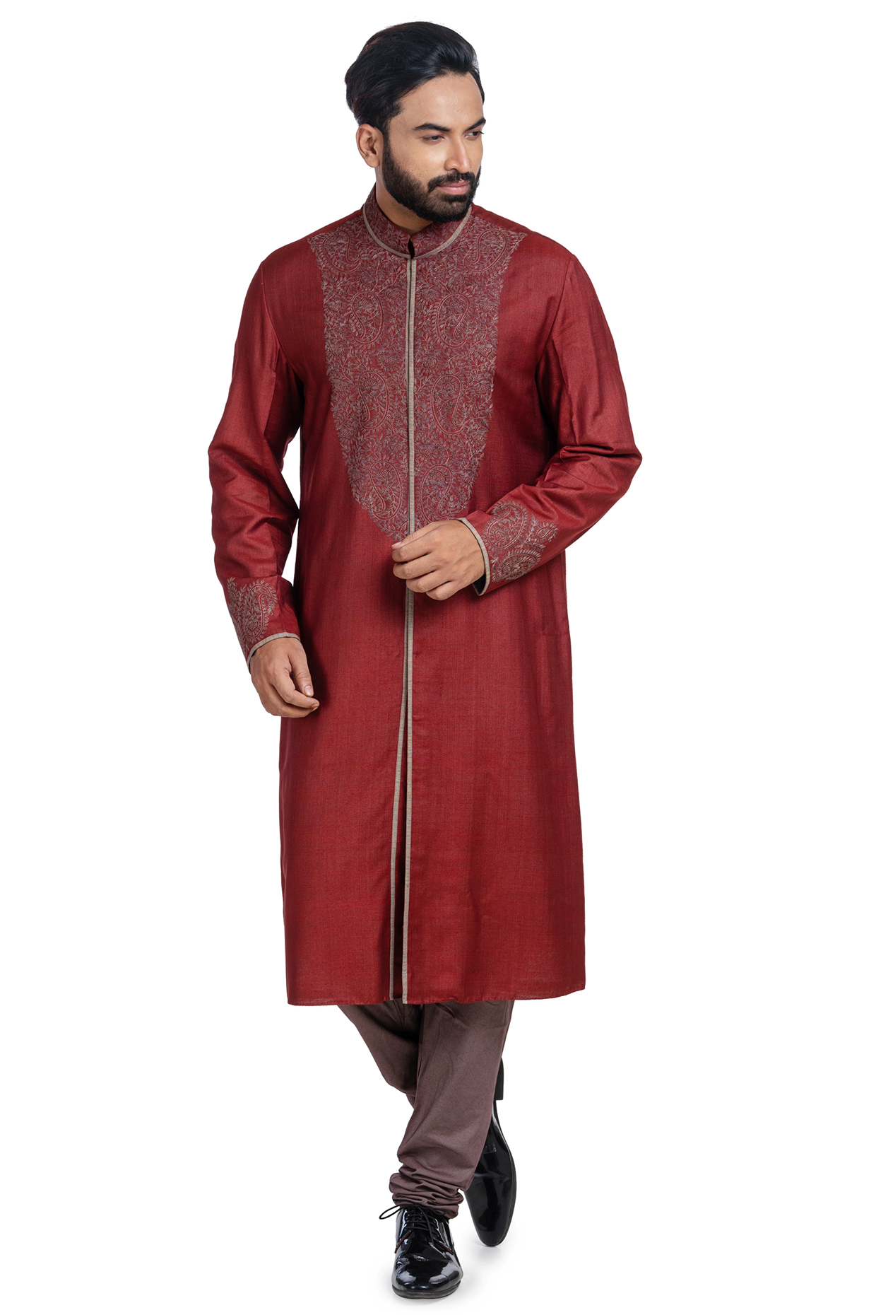Dark Brown Embroidered kurta Set by Poonam Kasera at Pernia's Pop Up Shop
