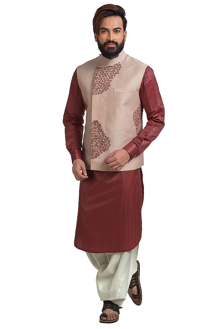 Maroonish-Pink Kurta Set With Bundi Jacket by Poonam Kasera at Pernia's Pop Up Shop