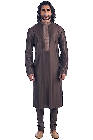 Brown Embroidered Kurta Set by Poonam Kasera