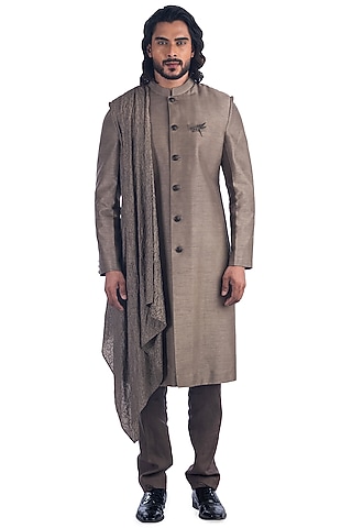 Taupe Silk Bandhgala Jacket Set by Poonam Kasera