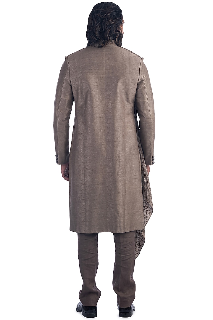 Taupe Silk Wedding Bandhgala Jacket Set by Poonam Kasera at Pernia's Pop Up Shop