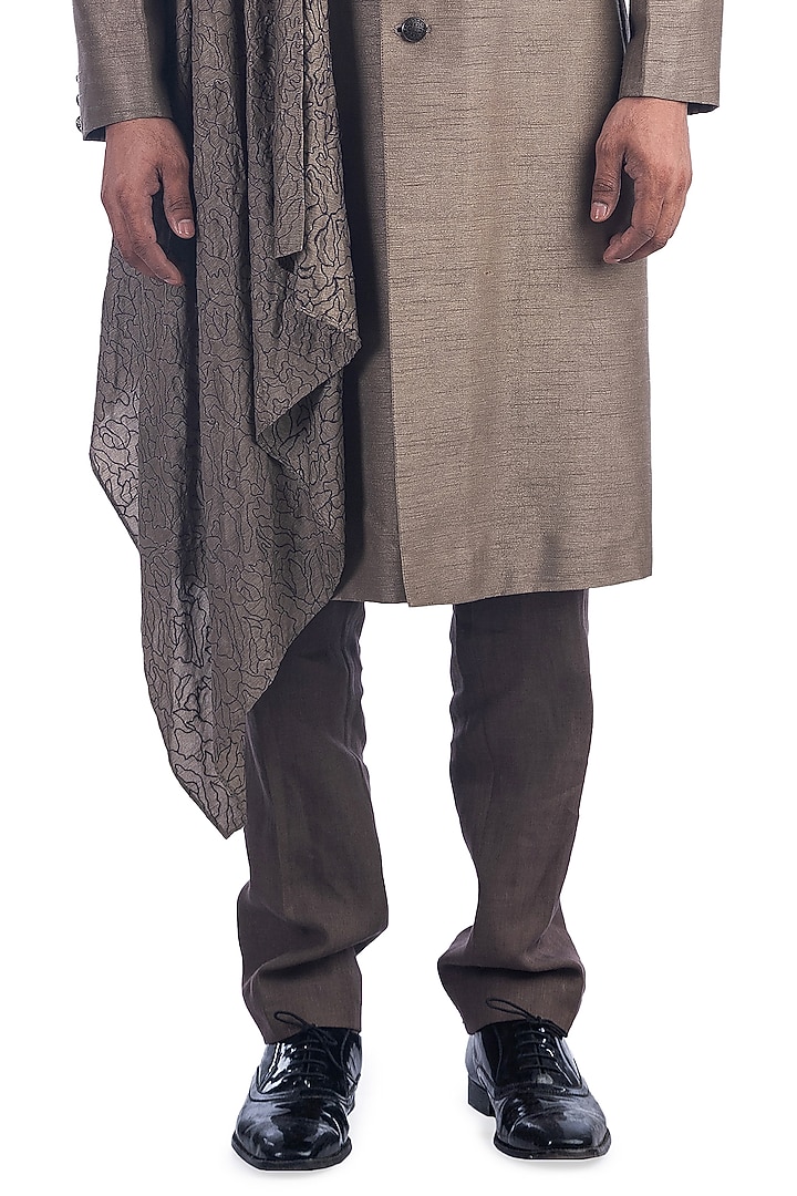 Taupe Silk Wedding Bandhgala Jacket Set by Poonam Kasera at Pernia's Pop Up Shop