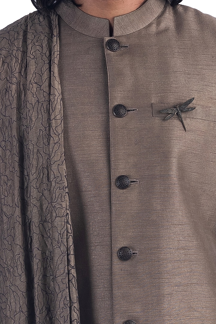 Taupe Silk Wedding Bandhgala Jacket Set by Poonam Kasera at Pernia's Pop Up Shop