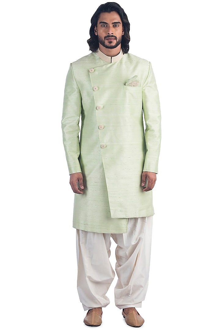Pastel Green Embroidered Bandhgala Jacket Set by Poonam Kasera
