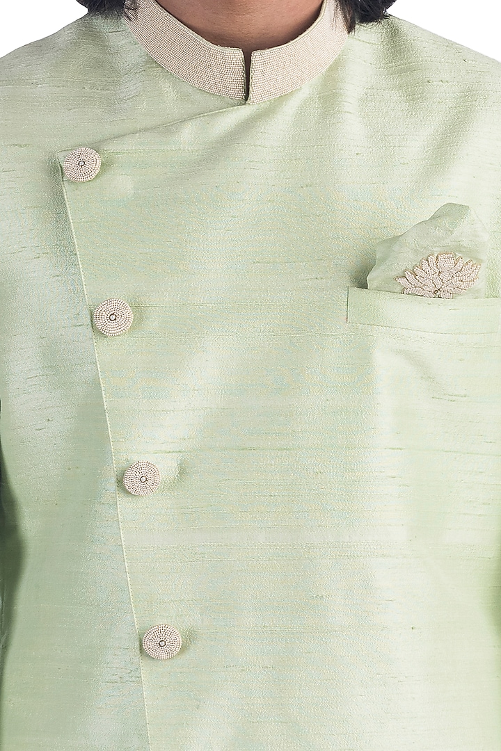 Pastel Green Embroidered Wedding Bandhgala Jacket Set by Poonam Kasera at Pernia's Pop Up Shop