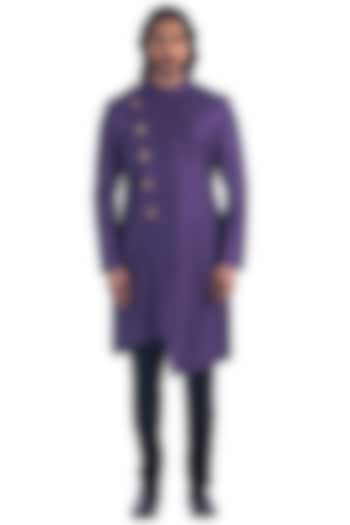 Purple Silk Viscose Bandhgala Jacket Set by Poonam Kasera