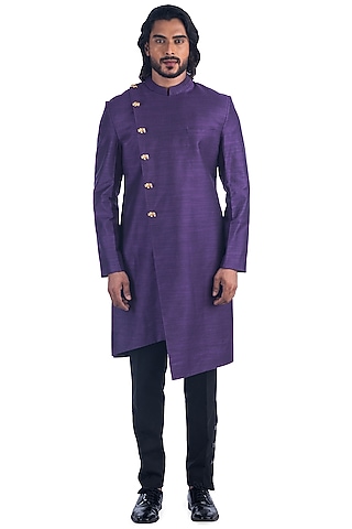 Purple Silk Viscose Bandhgala Jacket Set by Poonam Kasera