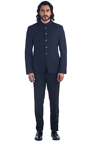 Navy Blue Printed Prince Coat Set by Poonam Kasera