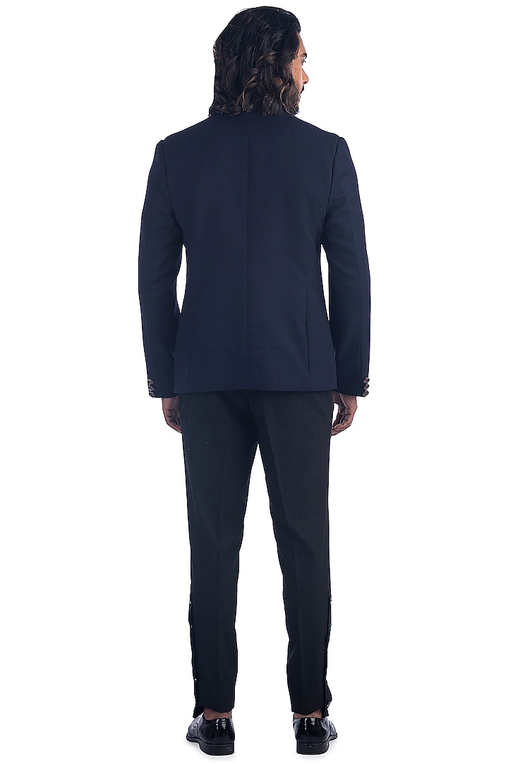 Navy Blue Printed Prince Coat Set by Poonam Kasera at Pernia's Pop Up Shop