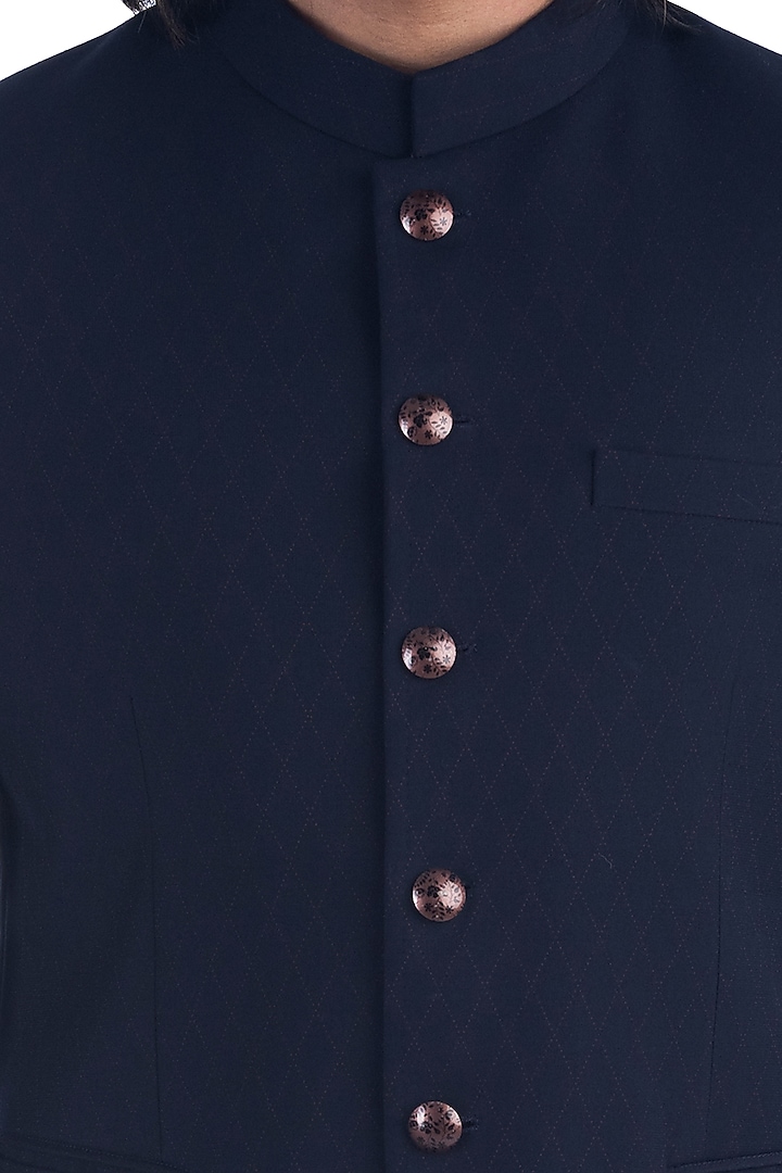 Navy Blue Printed Prince Coat Set by Poonam Kasera at Pernia's Pop Up Shop