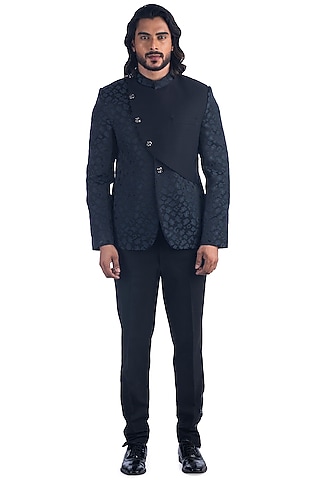 Navy Blue Cotton Silk Prince Coat Set by Poonam Kasera