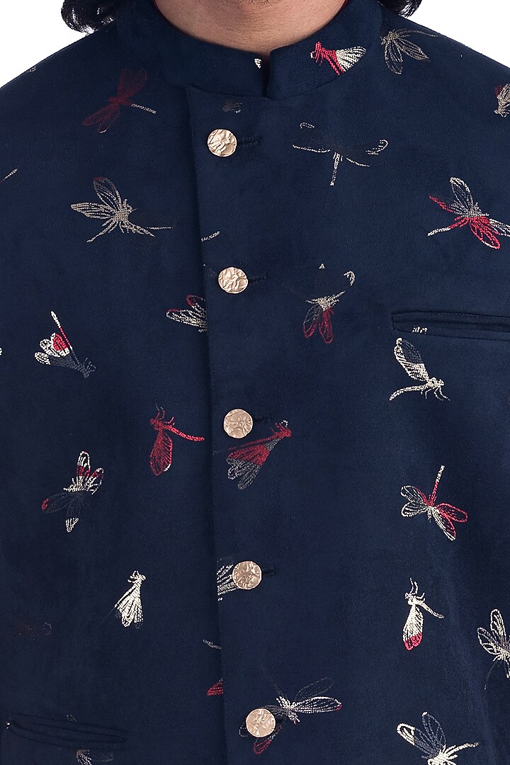 Navy Blue Printed Bundi Jacket With Kurta Set by Poonam Kasera at Pernia's Pop Up Shop