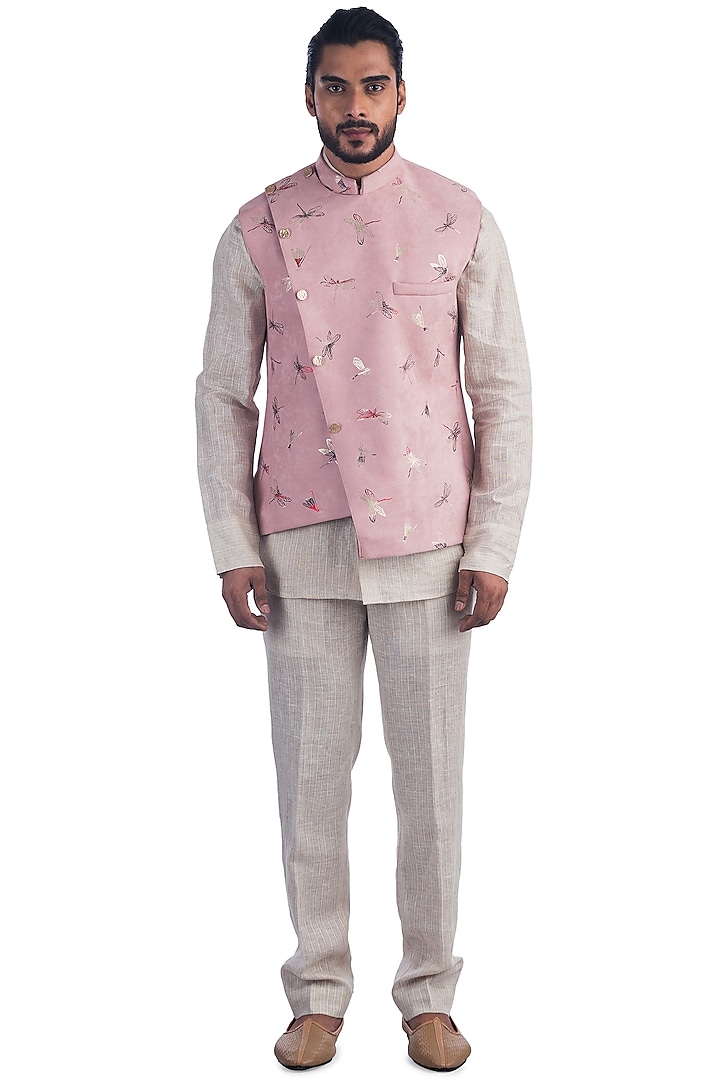 Light Pink Printed Bundi Jacket With Kurta Set by Poonam Kasera