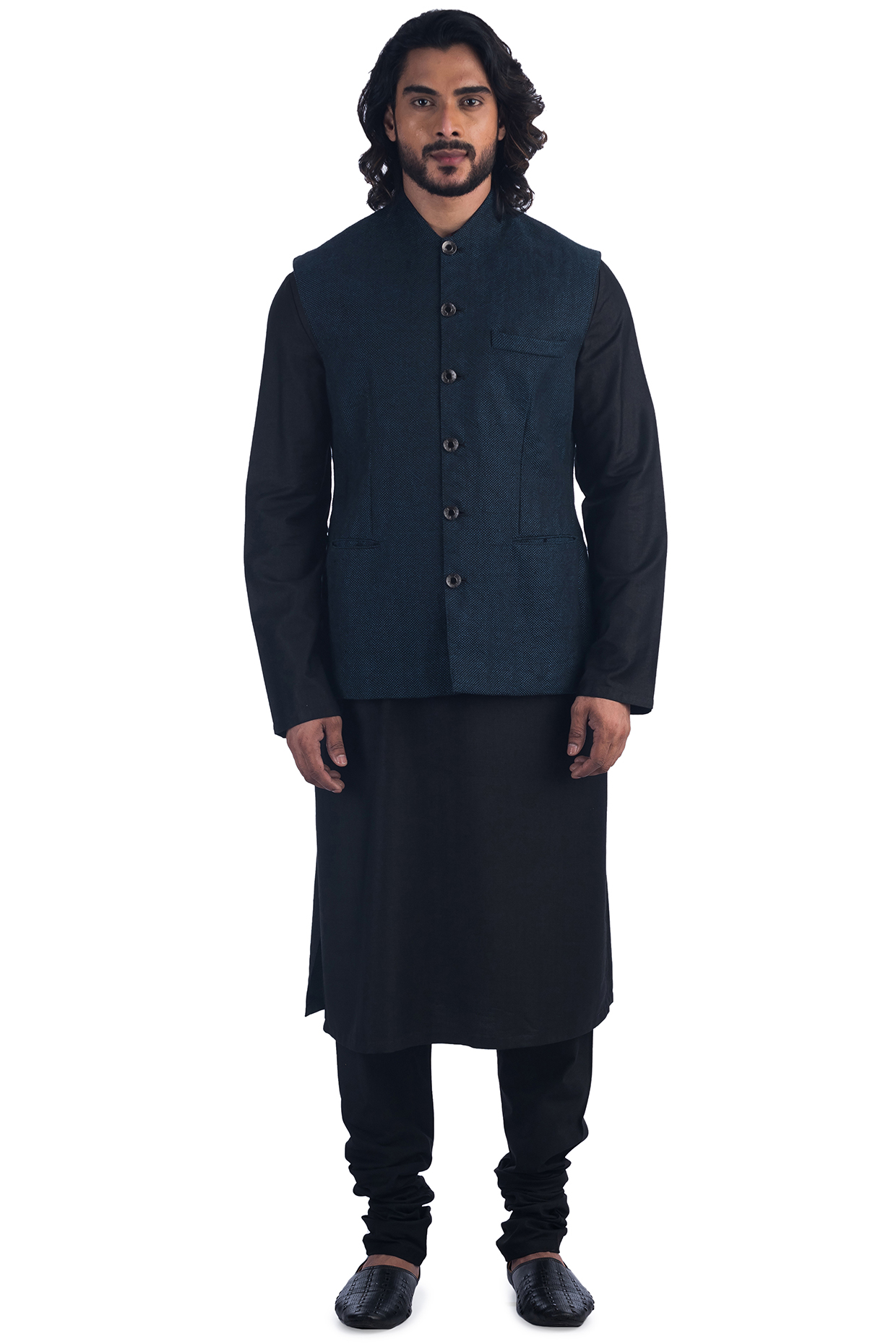 Black Linen Kurta Set With Bundi Jacket by Poonam Kasera at Pernia's Pop Up Shop