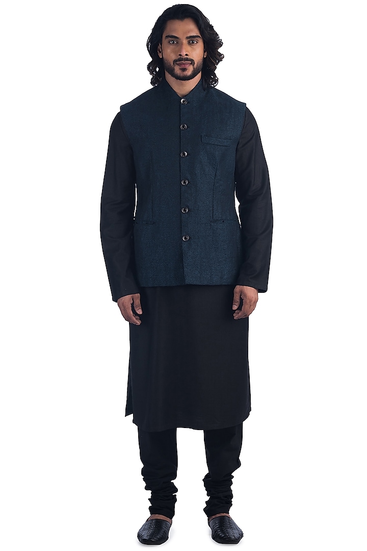 Black Linen Kurta Set With Bundi Jacket by Poonam Kasera