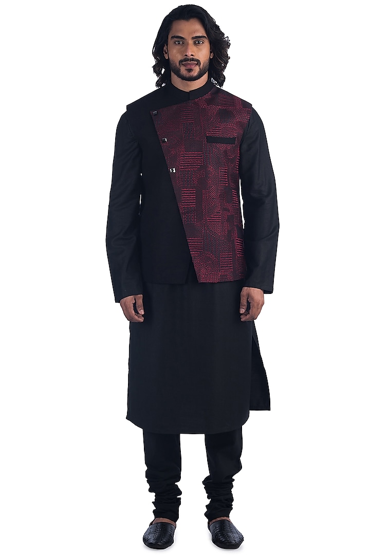 Black & Maroon Bundi Jacket With Kurta Set by Poonam Kasera