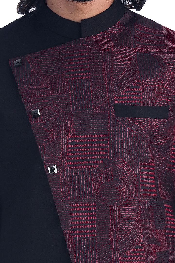 Black & Maroon Bundi Jacket With Kurta Set by Poonam Kasera at Pernia's Pop Up Shop