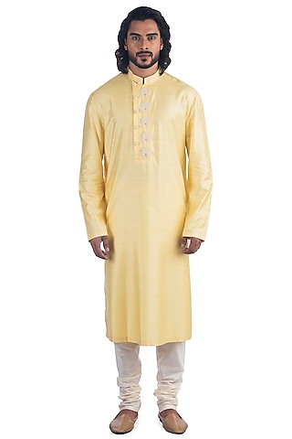 Yellow Hand Embroidered Kurta Set by Poonam Kasera