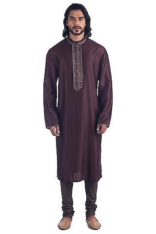 Wine Machine Embroidered Kurta Set by Poonam Kasera