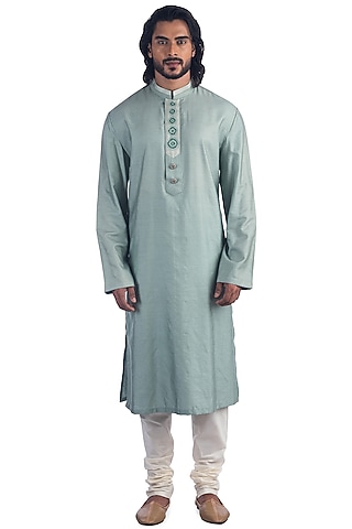 Light Mint Hand Embroidered Kurta Set by Poonam Kasera