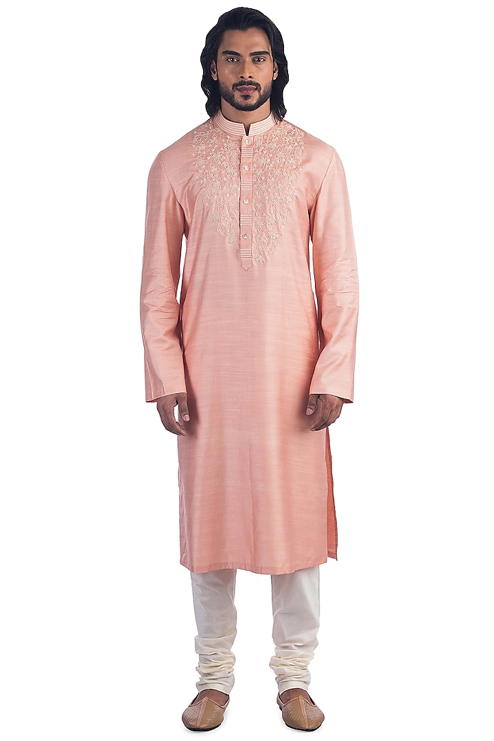 Pink Hand Embroidered Kurta Set by Poonam Kasera