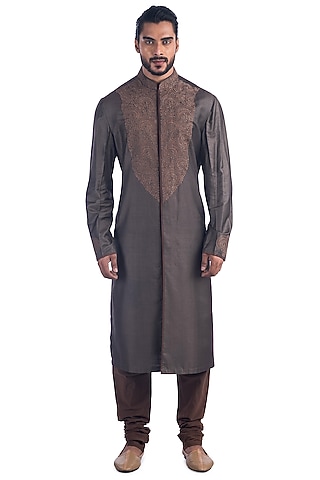Charcoal Machine Embroidered Kurta Set by Poonam Kasera