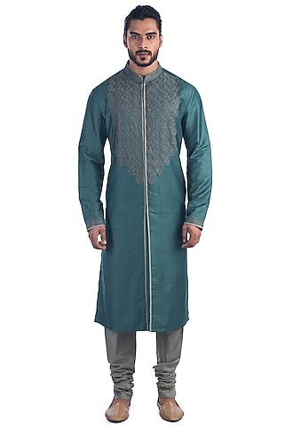 Teal Machine Embroidered Kurta Set by Poonam Kasera