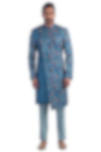 Blue Embroidered Asymmetric Achkan Jacket Set by Poonam Kasera