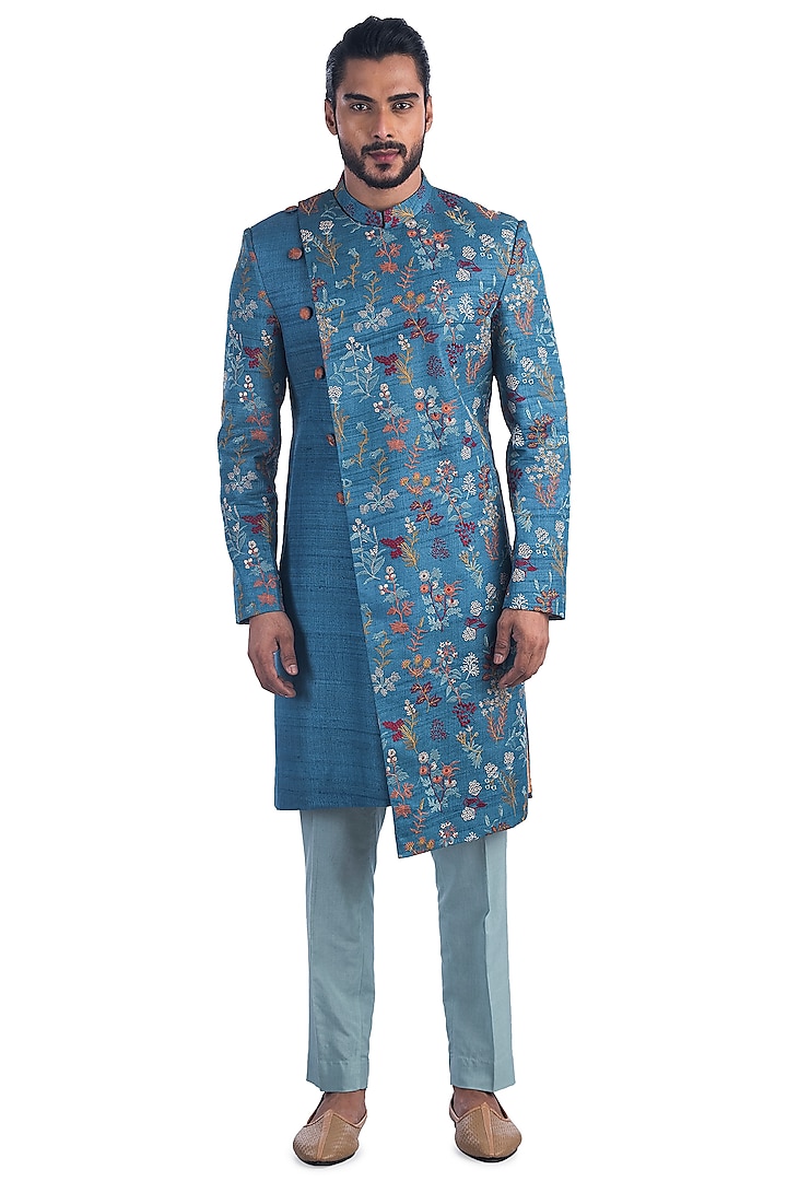 Blue Embroidered Asymmetric Achkan Jacket Set by Poonam Kasera