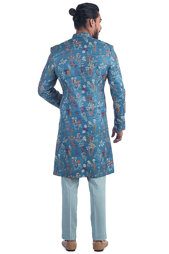 Blue Embroidered Asymmetric Achkan Jacket Set by Poonam Kasera at Pernia's Pop Up Shop