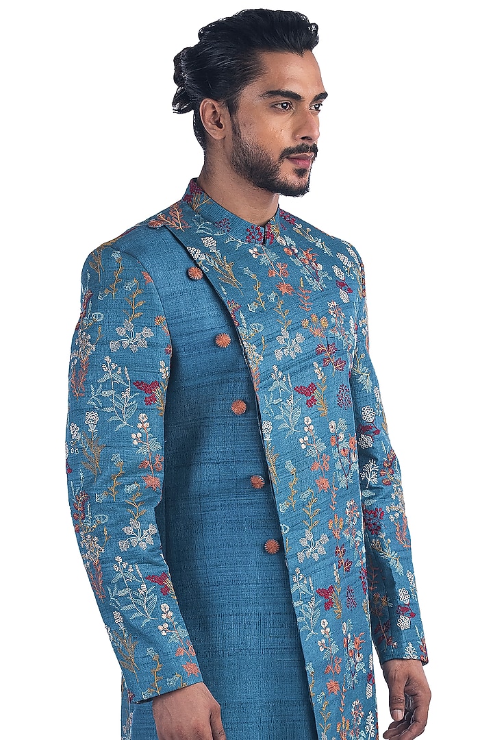 Blue Embroidered Asymmetric Achkan Jacket Set by Poonam Kasera at Pernia's Pop Up Shop
