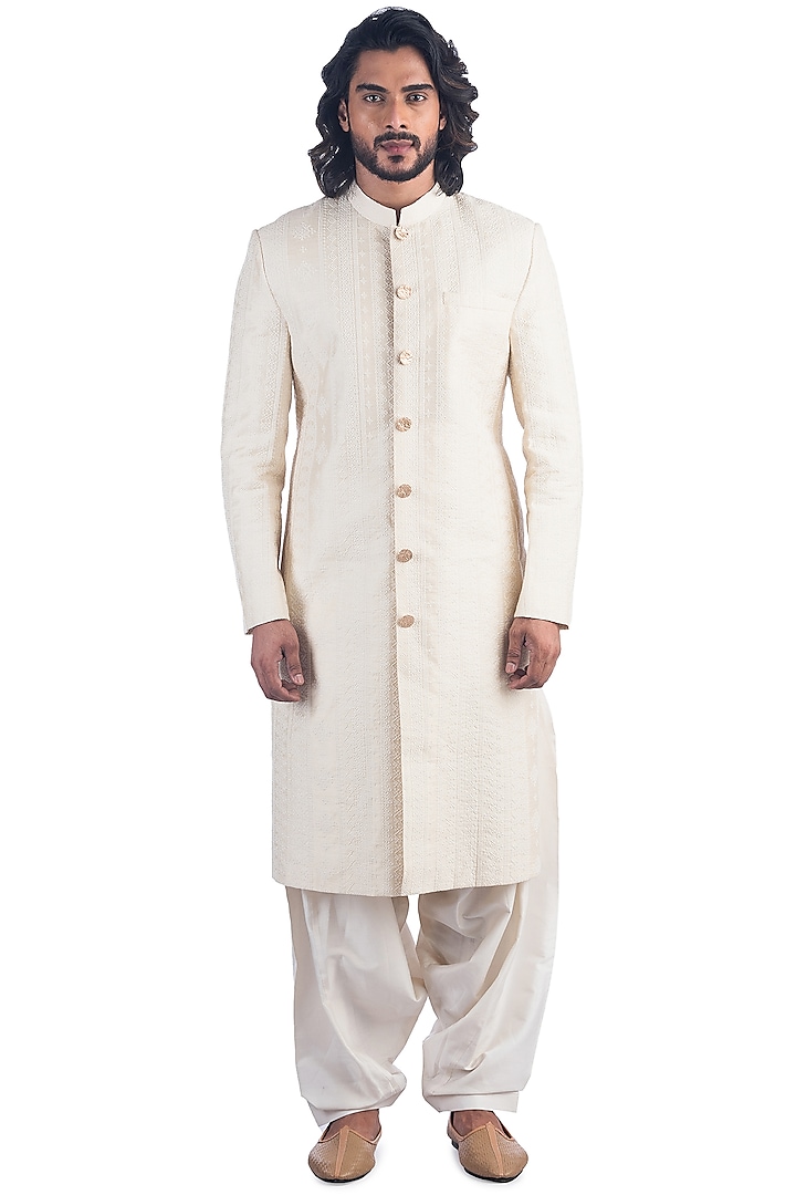 Off-White Moonga Silk Achkan Jacket Set by Poonam Kasera
