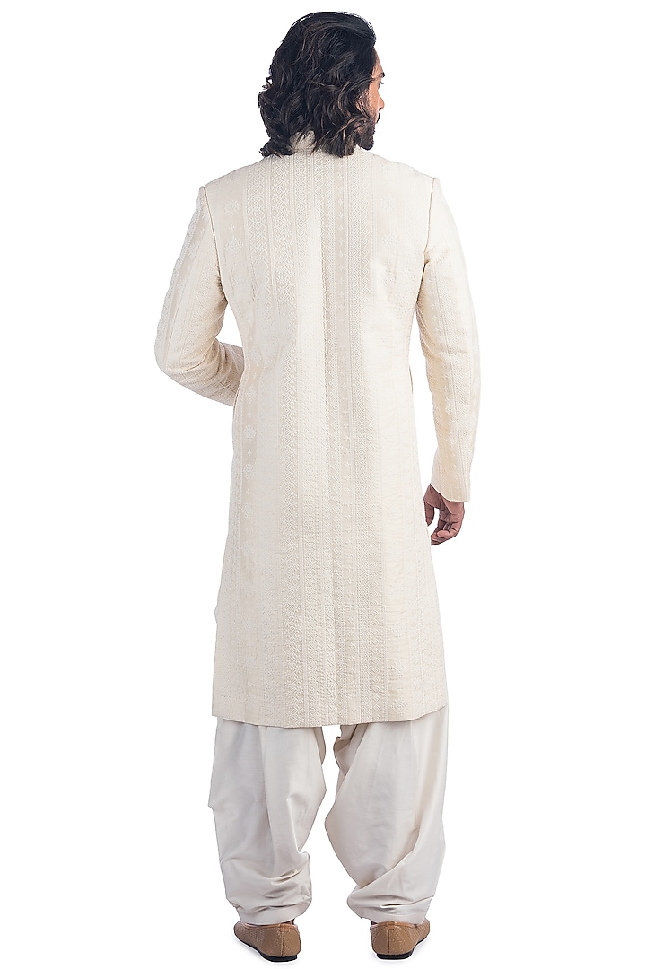 Off-White Moonga Silk Achkan Jacket Set by Poonam Kasera at Pernia's Pop Up Shop