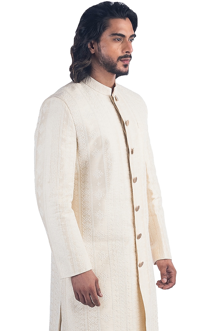 Off-White Moonga Silk Achkan Jacket Set by Poonam Kasera at Pernia's Pop Up Shop
