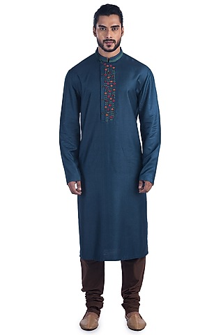 Blue Hand Embroidered Kurta Set by Poonam Kasera