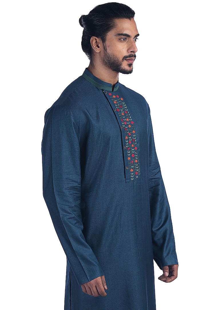Blue Hand Embroidered Kurta Set by Poonam Kasera at Pernia's Pop Up Shop